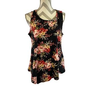 Star Vixen Sleeveless Top, Roses on Black, Womens XL Asymmetrical Hem